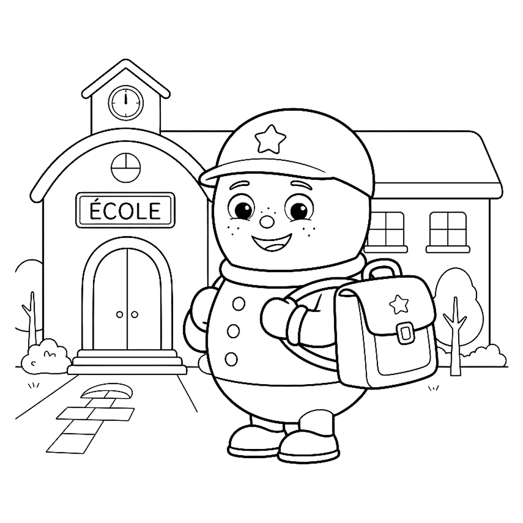 Coloriage école : Ploumi devant l'école avec son cartable, prêt pour la rentrée.
