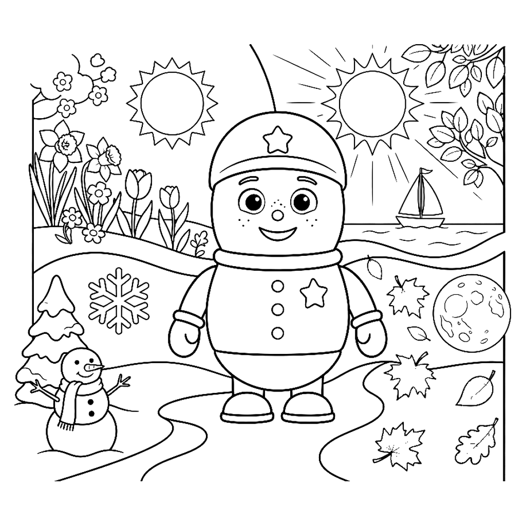 Coloriage 4 saisons : Ploumi au milieu des 4 saisons : fleurs du printemps, soleil d'été, feuilles d'automne et bonhomme de neige.