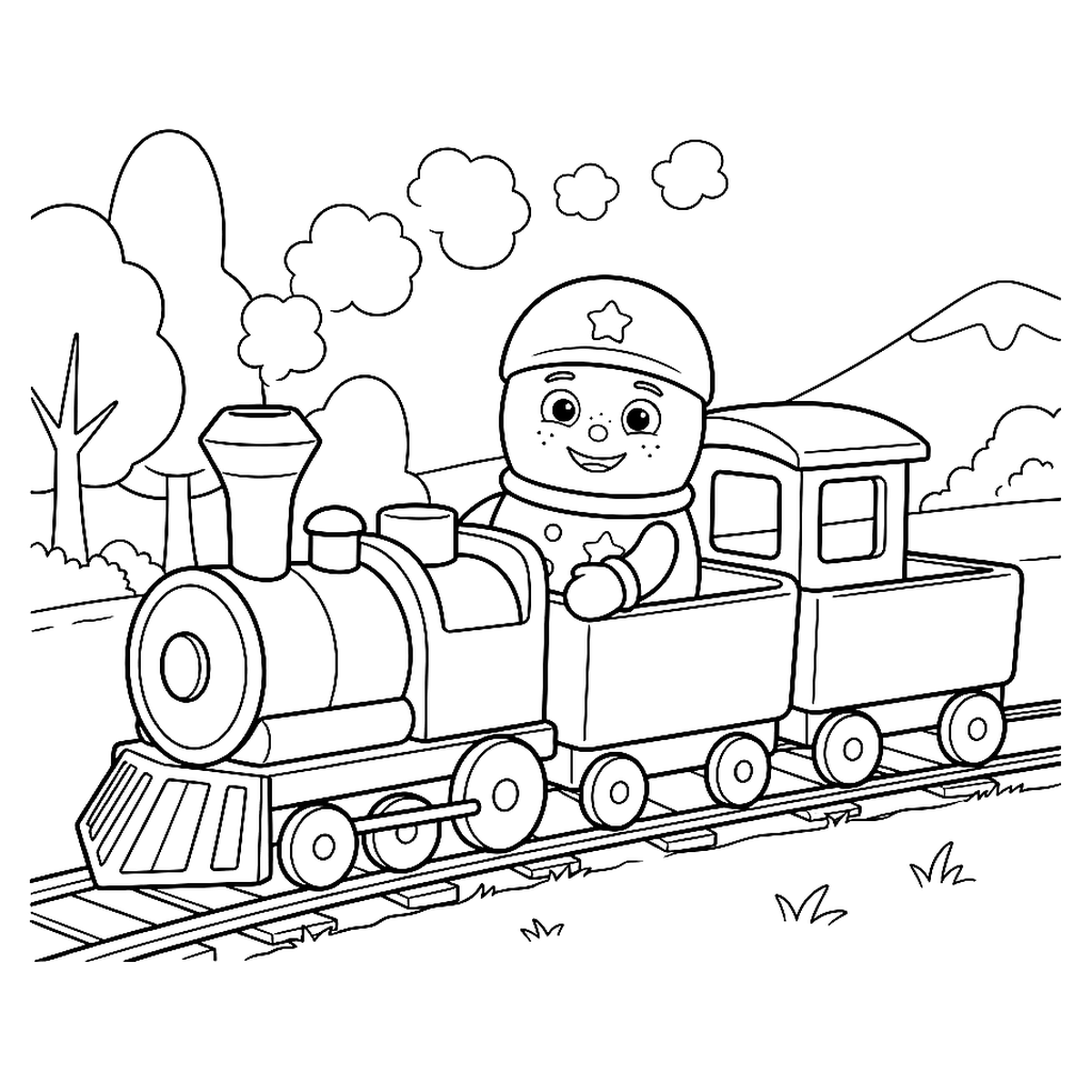 Coloriage petit train : Ploumi fait un voyage dans un petit train à vapeur, avec la locomotive, les wagons et les nuages de fumée.